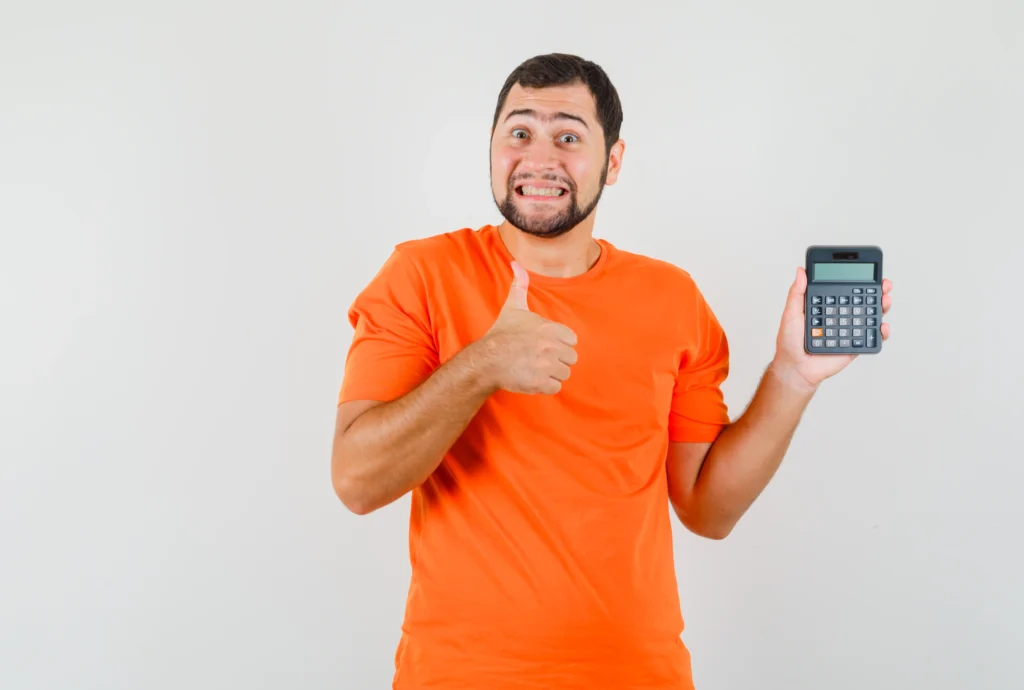 CalcSolver – Free Scientific Calculator Online with Step-by-Step Solutions 1 young male orange t shirt holding calculator with thumb up looking cheerful front view